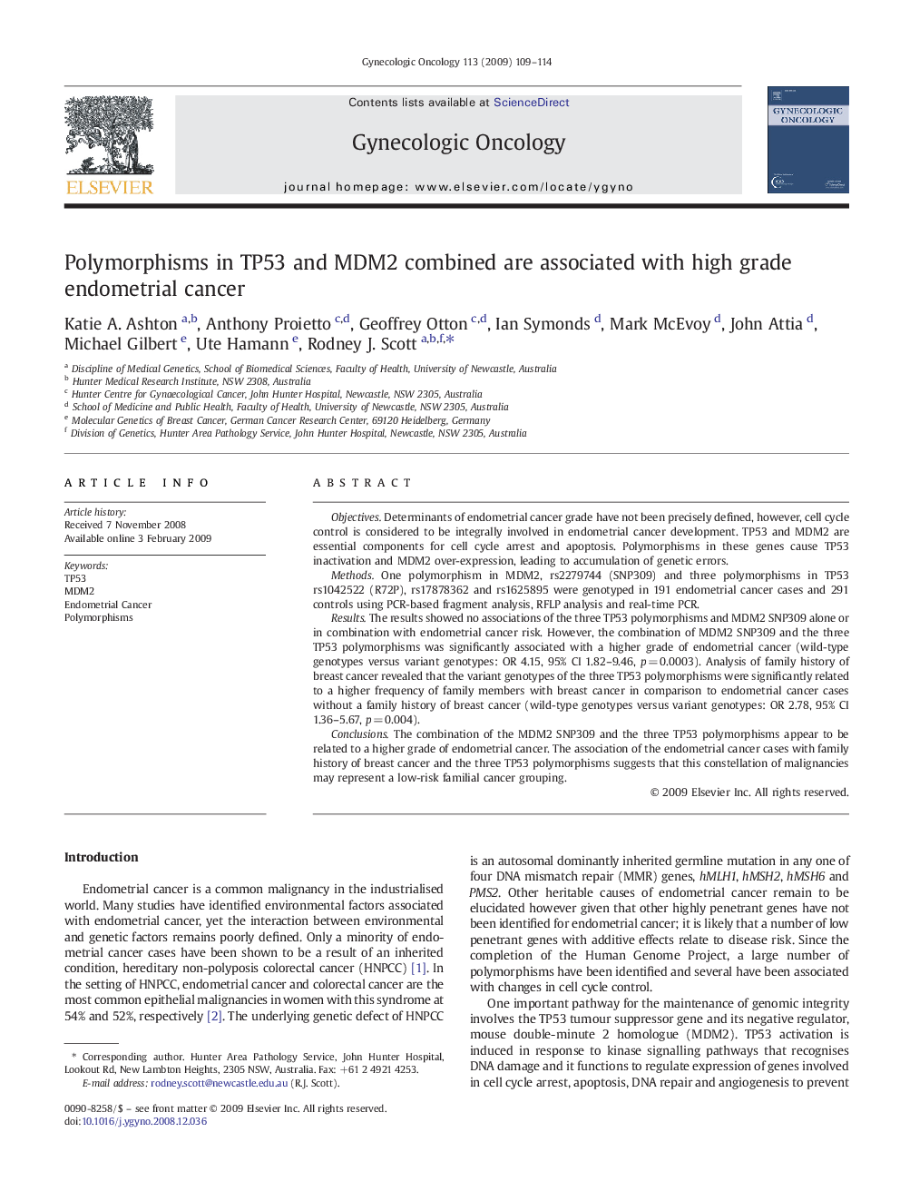 Polymorphisms in TP53 and MDM2 combined are associated with high grade endometrial cancer