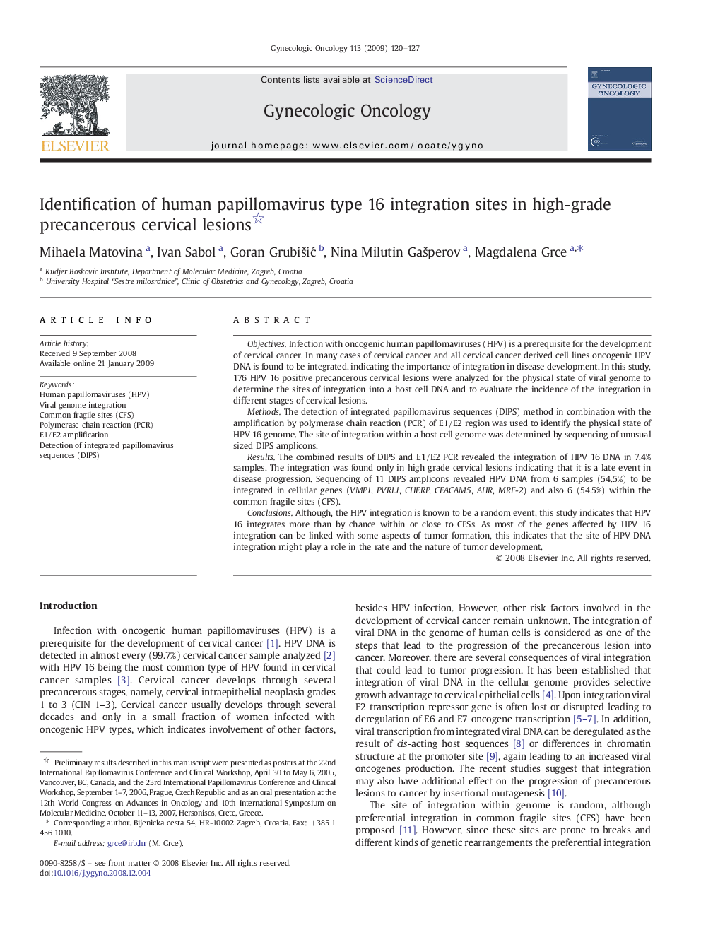 Identification of human papillomavirus type 16 integration sites in high-grade precancerous cervical lesions 