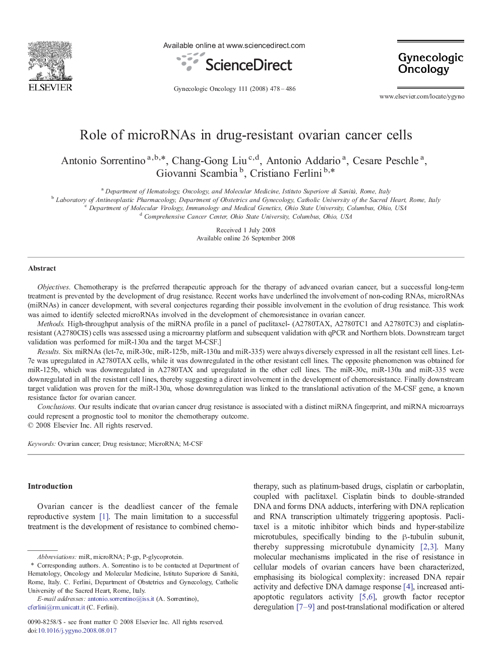 Role of microRNAs in drug-resistant ovarian cancer cells