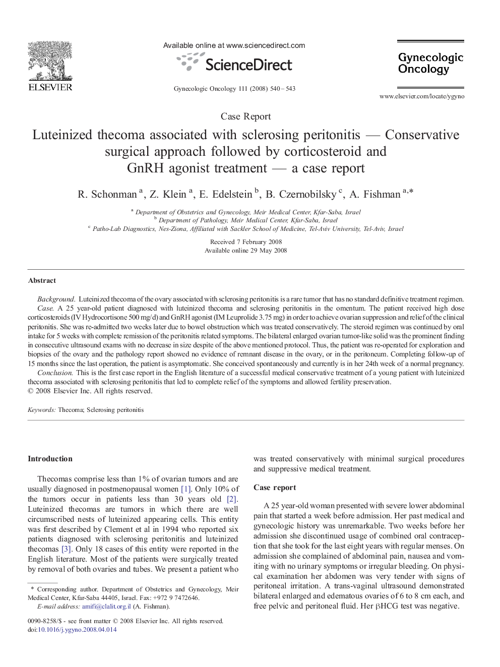 Luteinized thecoma associated with sclerosing peritonitis — Conservative surgical approach followed by corticosteroid and GnRH agonist treatment — a case report