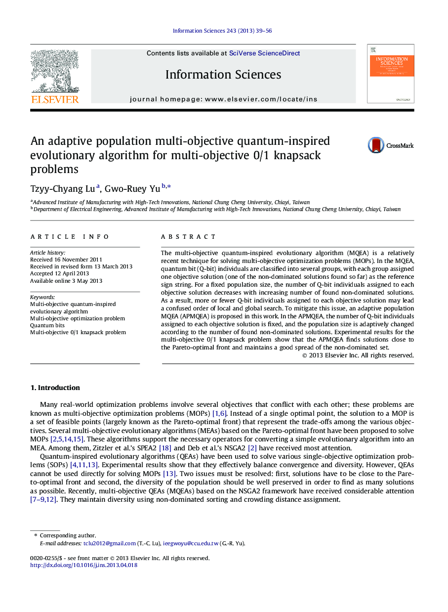 An adaptive population multi-objective quantum-inspired evolutionary algorithm for multi-objective 0/1 knapsack problems