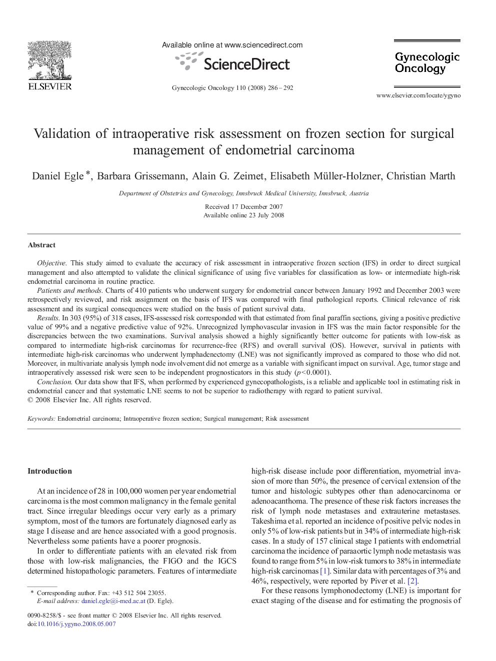 Validation of intraoperative risk assessment on frozen section for surgical management of endometrial carcinoma