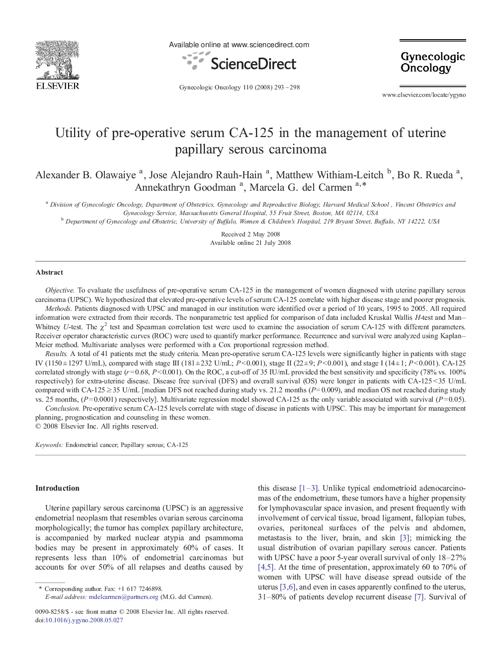 Utility of pre-operative serum CA-125 in the management of uterine papillary serous carcinoma