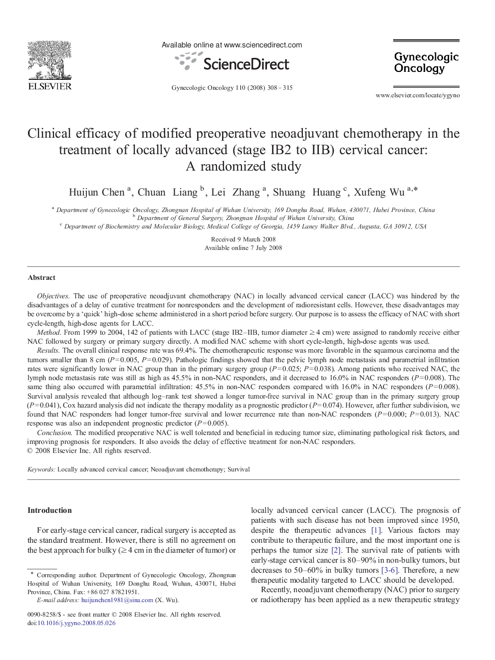 Clinical efficacy of modified preoperative neoadjuvant chemotherapy in the treatment of locally advanced (stage IB2 to IIB) cervical cancer: A randomized study