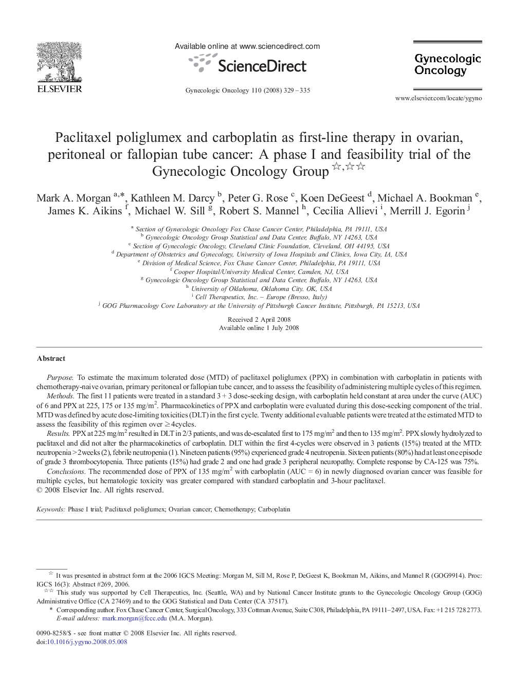 Paclitaxel poliglumex and carboplatin as first-line therapy in ovarian, peritoneal or fallopian tube cancer: A phase I and feasibility trial of the Gynecologic Oncology Group 