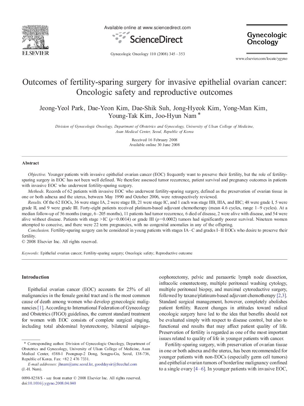 Outcomes of fertility-sparing surgery for invasive epithelial ovarian cancer: Oncologic safety and reproductive outcomes