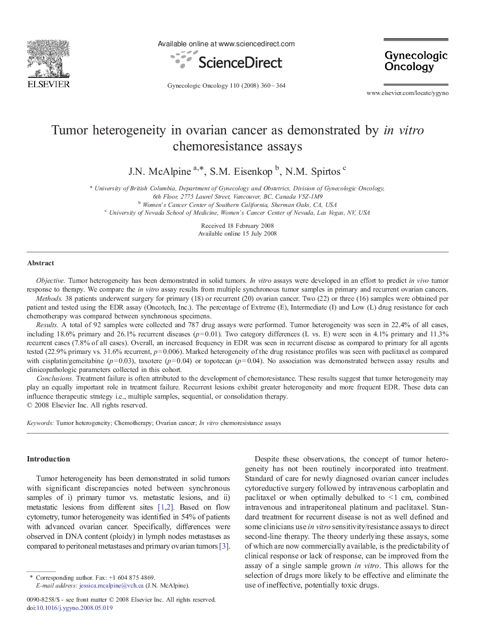 عکس صفحه اول مقاله: Tumor heterogeneity in ovarian cancer as demonstrated by in vitro chemoresistance assays Tumor heterogeneity in ovarian cancer as demonstrated by in vitro chemoresistance assays