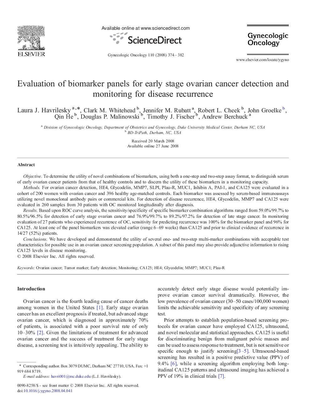 Evaluation of biomarker panels for early stage ovarian cancer detection and monitoring for disease recurrence