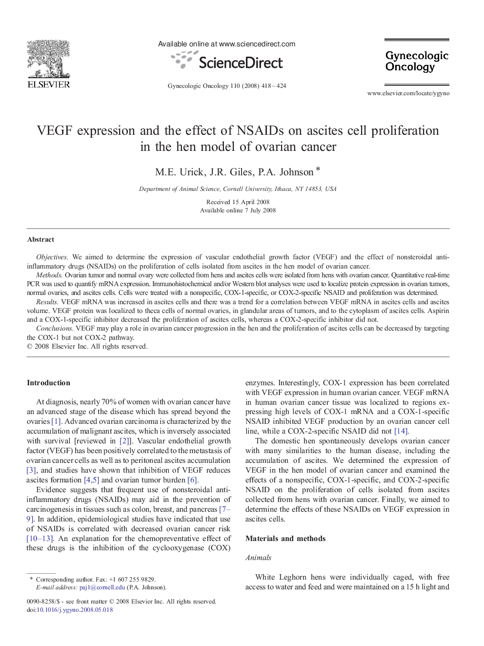 VEGF expression and the effect of NSAIDs on ascites cell proliferation in the hen model of ovarian cancer