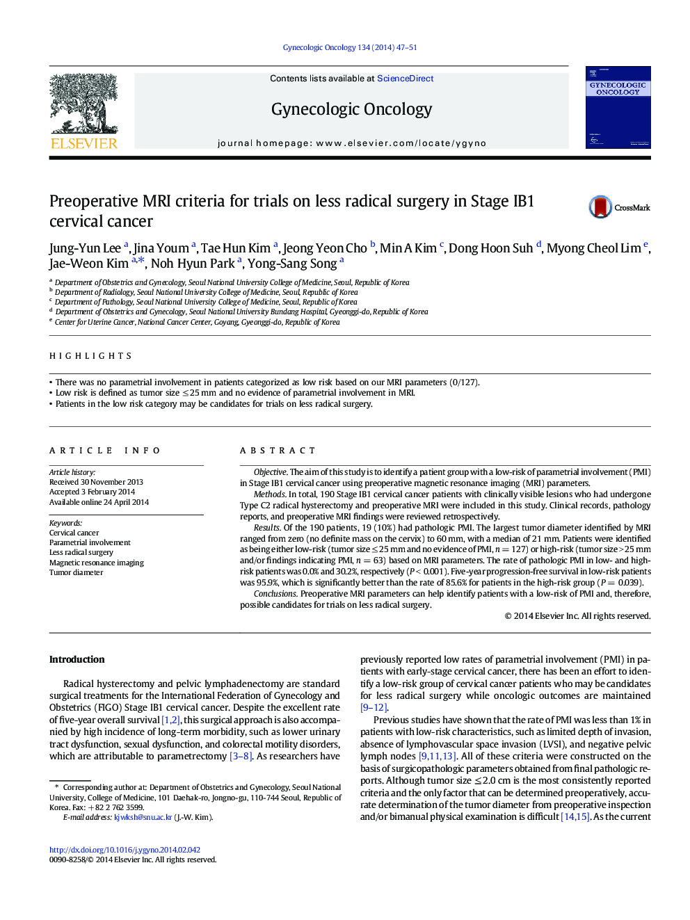 Preoperative MRI criteria for trials on less radical surgery in Stage IB1 cervical cancer