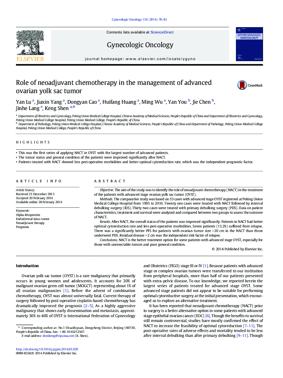 Role of neoadjuvant chemotherapy in the management of advanced ovarian yolk sac tumor