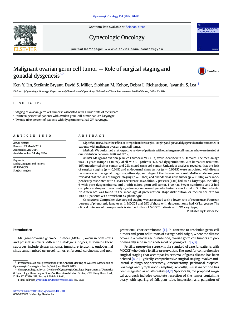 Malignant ovarian germ cell tumor — Role of surgical staging and gonadal dysgenesis 