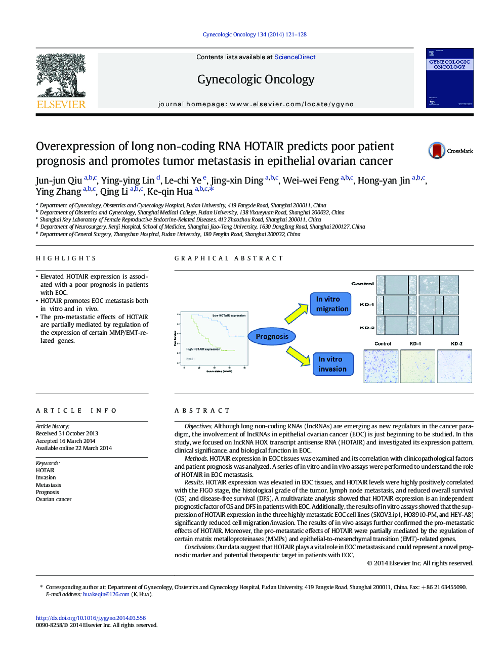 Overexpression of long non-coding RNA HOTAIR predicts poor patient prognosis and promotes tumor metastasis in epithelial ovarian cancer