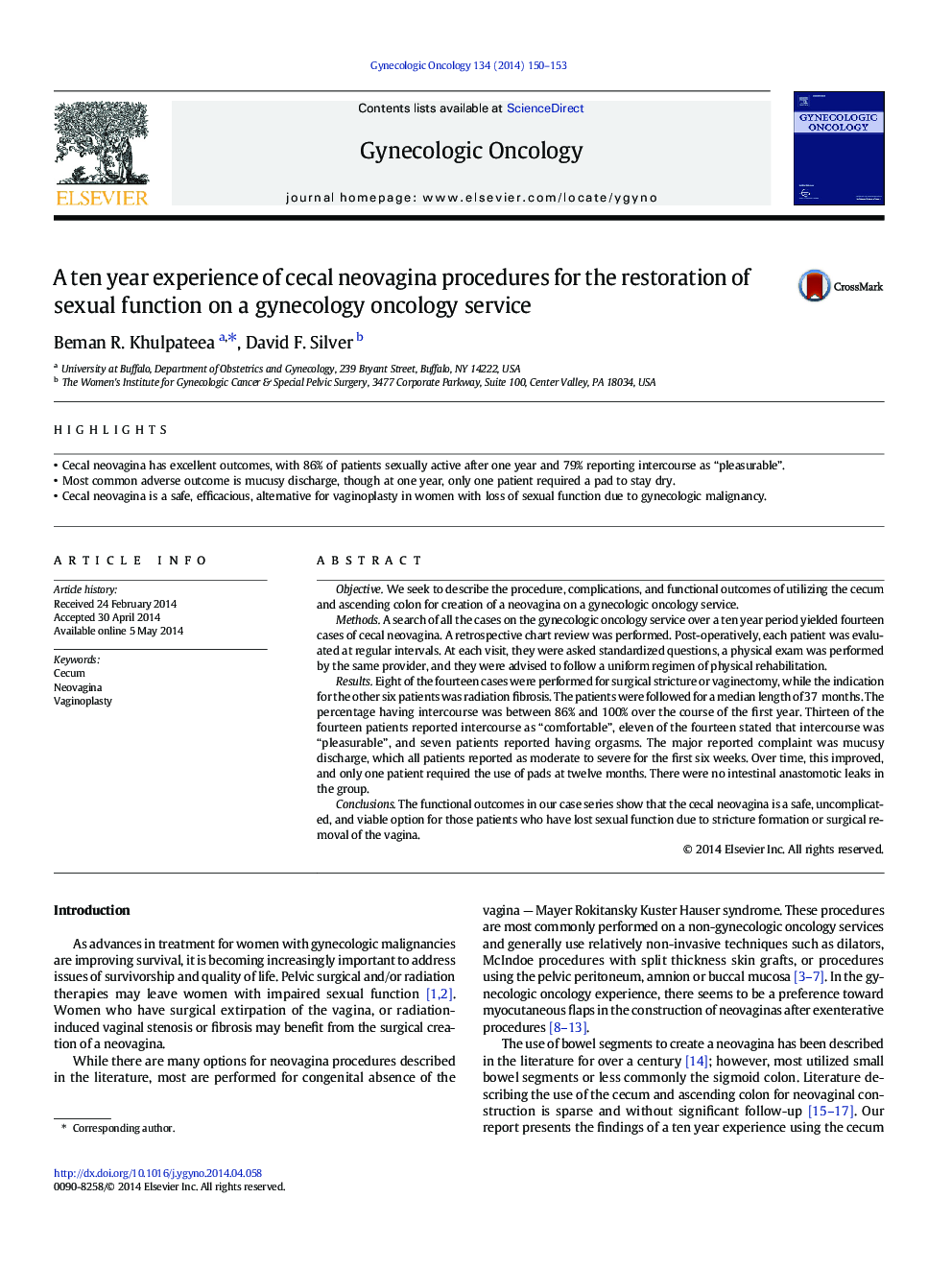 A ten year experience of cecal neovagina procedures for the restoration of sexual function on a gynecology oncology service