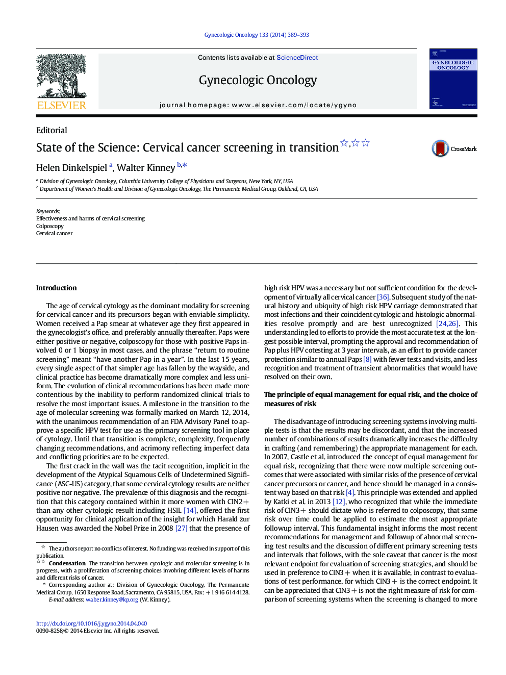 State of the Science: Cervical cancer screening in transition