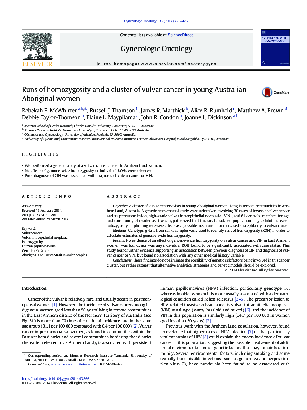 Runs of homozygosity and a cluster of vulvar cancer in young Australian Aboriginal women