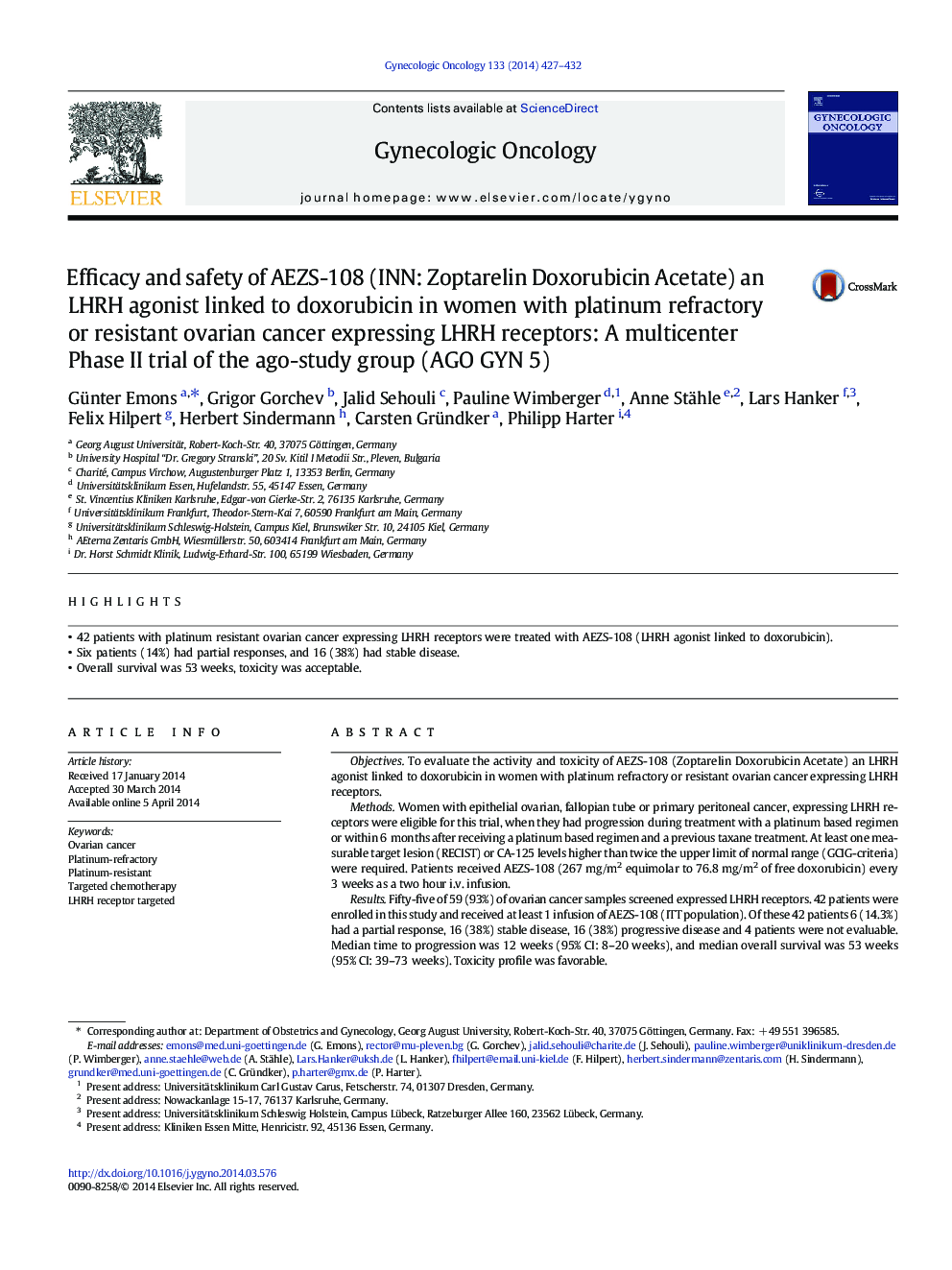 Efficacy and safety of AEZS-108 (INN: Zoptarelin Doxorubicin Acetate) an LHRH agonist linked to doxorubicin in women with platinum refractory or resistant ovarian cancer expressing LHRH receptors: A multicenter Phase II trial of the ago-study group (AGO G