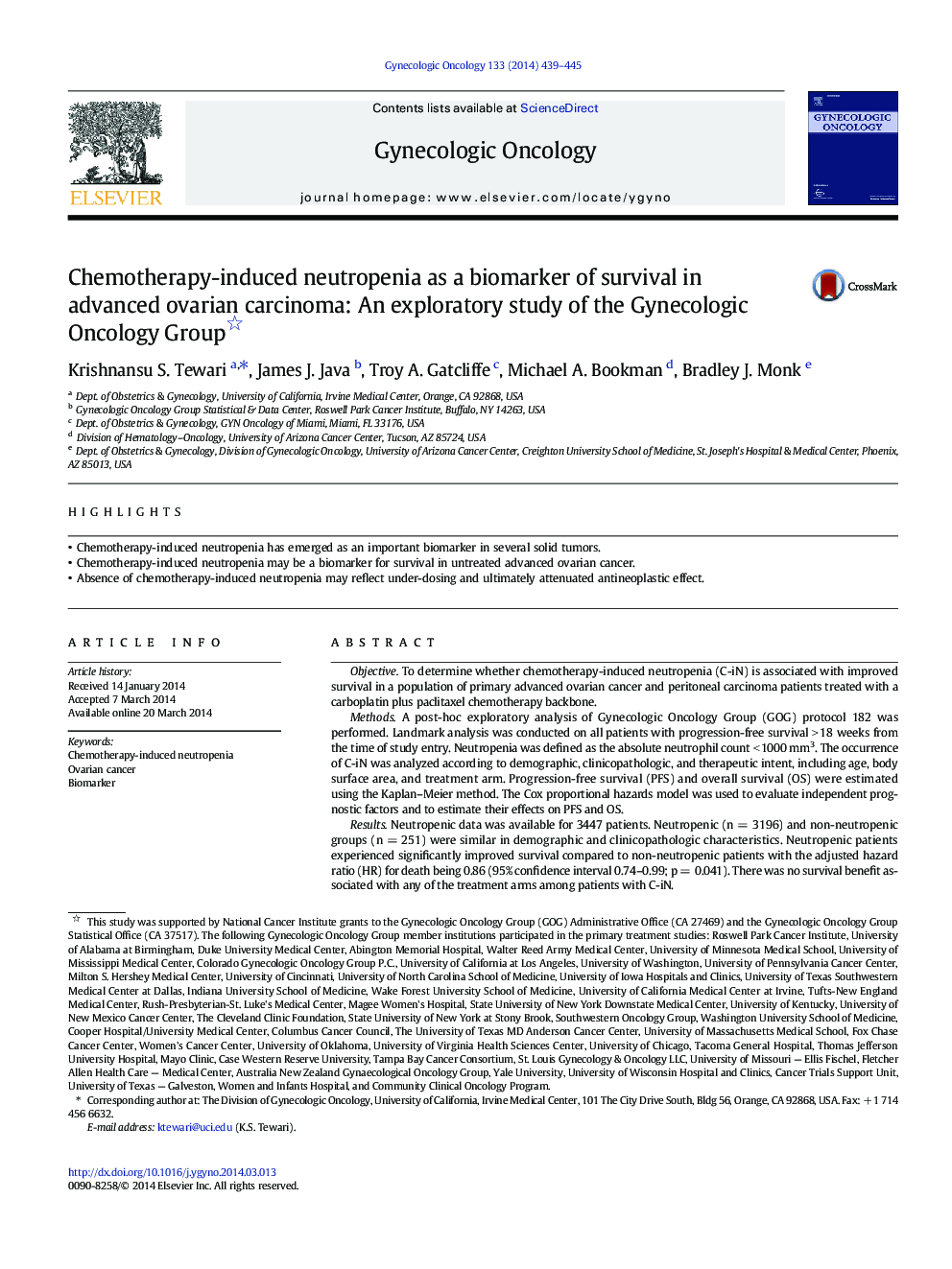 Chemotherapy-induced neutropenia as a biomarker of survival in advanced ovarian carcinoma: An exploratory study of the Gynecologic Oncology Group 