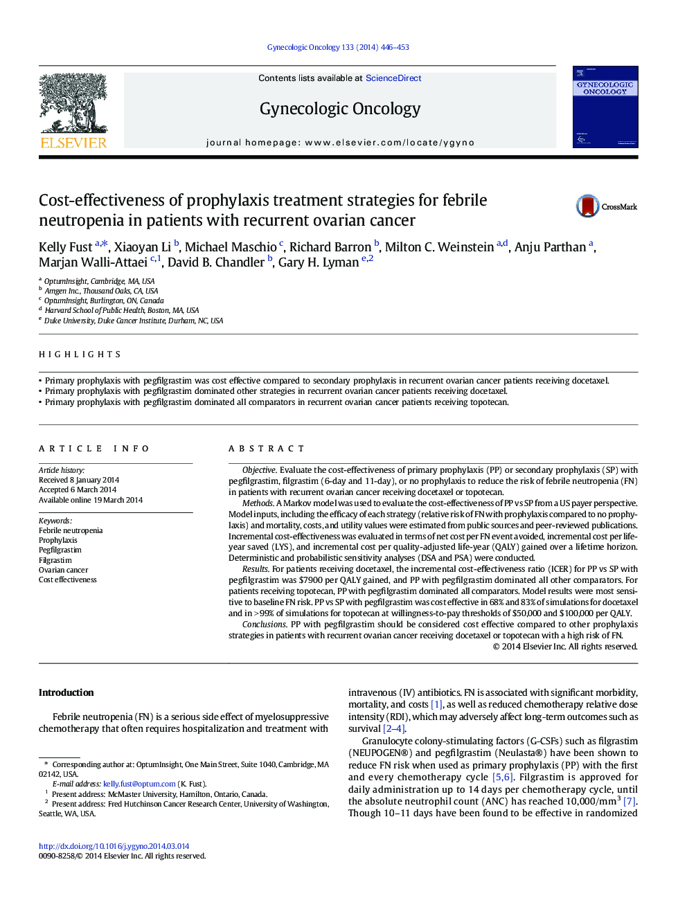 Cost-effectiveness of prophylaxis treatment strategies for febrile neutropenia in patients with recurrent ovarian cancer