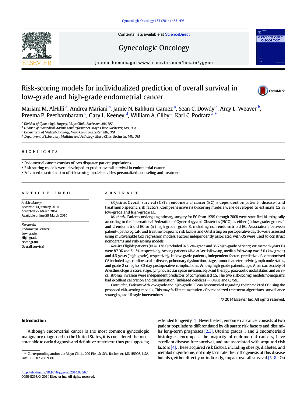 Risk-scoring models for individualized prediction of overall survival in low-grade and high-grade endometrial cancer