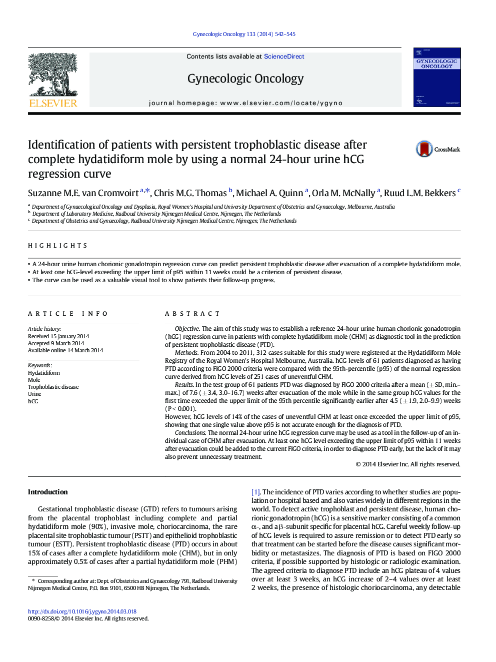 Identification of patients with persistent trophoblastic disease after complete hydatidiform mole by using a normal 24-hour urine hCG regression curve