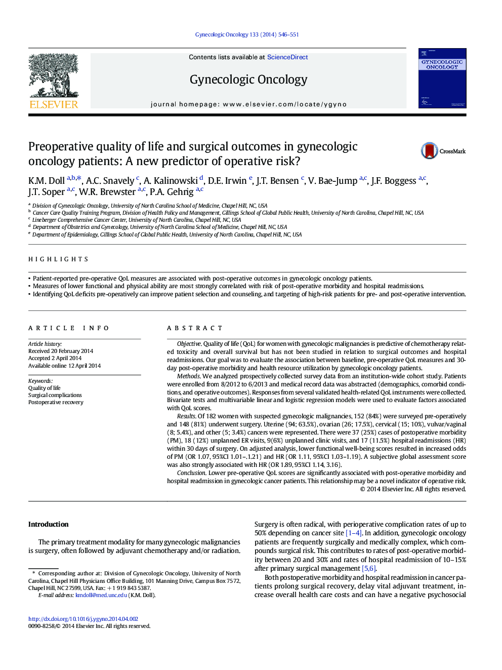 Preoperative quality of life and surgical outcomes in gynecologic oncology patients: A new predictor of operative risk?