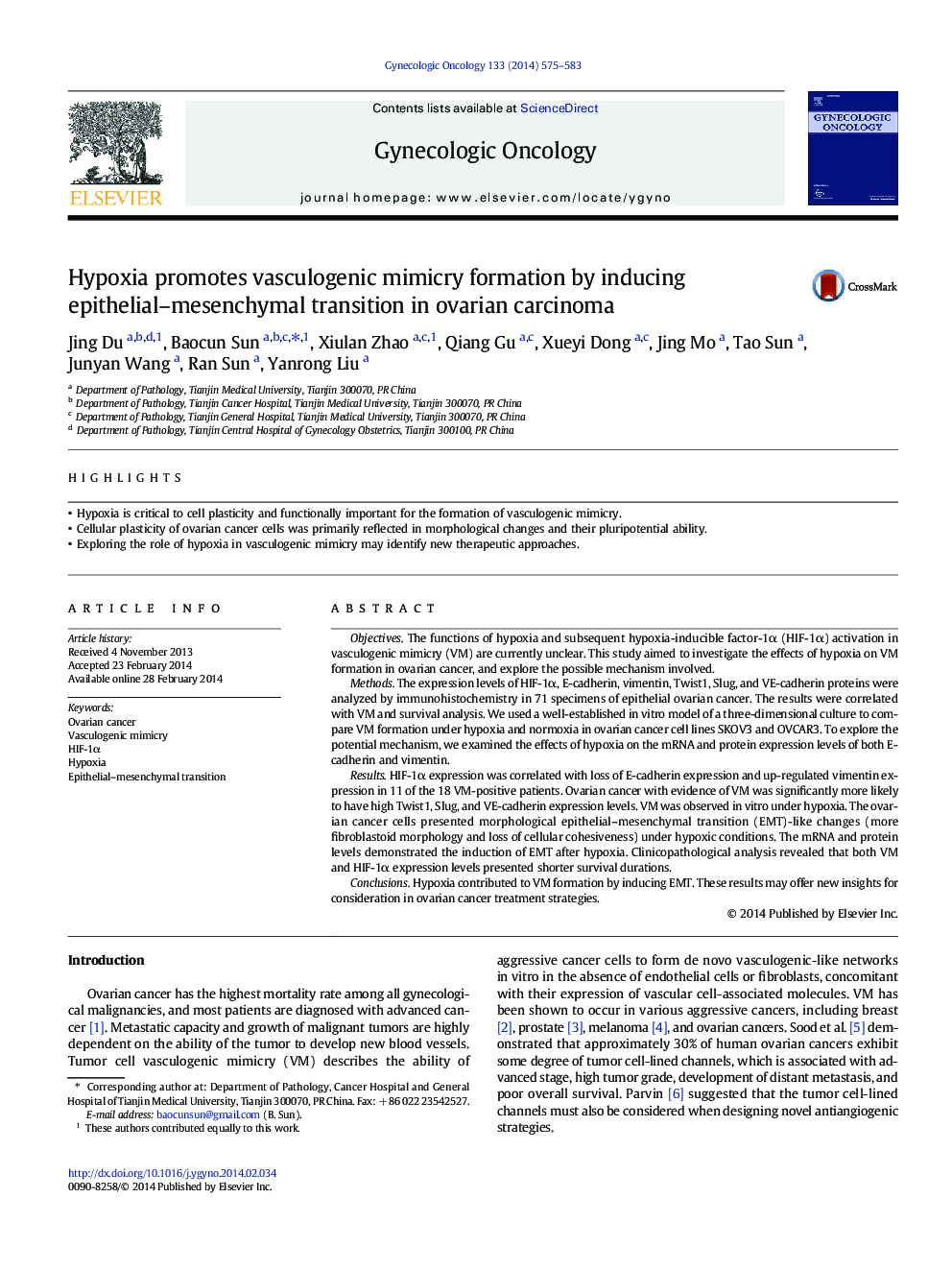 Hypoxia promotes vasculogenic mimicry formation by inducing epithelial–mesenchymal transition in ovarian carcinoma