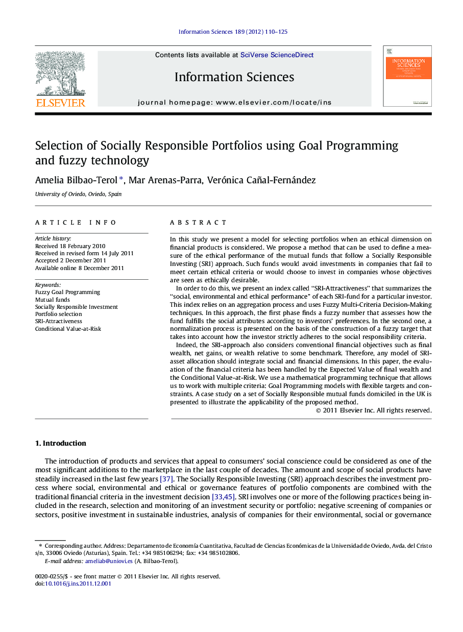 Selection of Socially Responsible Portfolios using Goal Programming and fuzzy technology