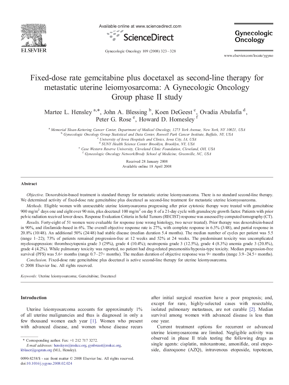 Fixed-dose rate gemcitabine plus docetaxel as second-line therapy for metastatic uterine leiomyosarcoma: A Gynecologic Oncology Group phase II study