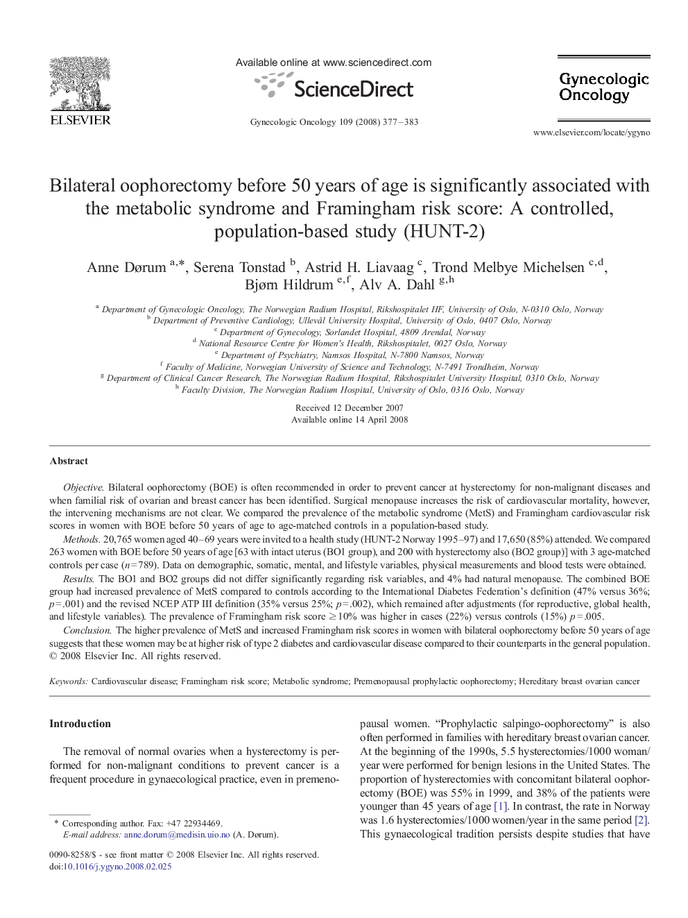 Bilateral oophorectomy before 50 years of age is significantly associated with the metabolic syndrome and Framingham risk score: A controlled, population-based study (HUNT-2)