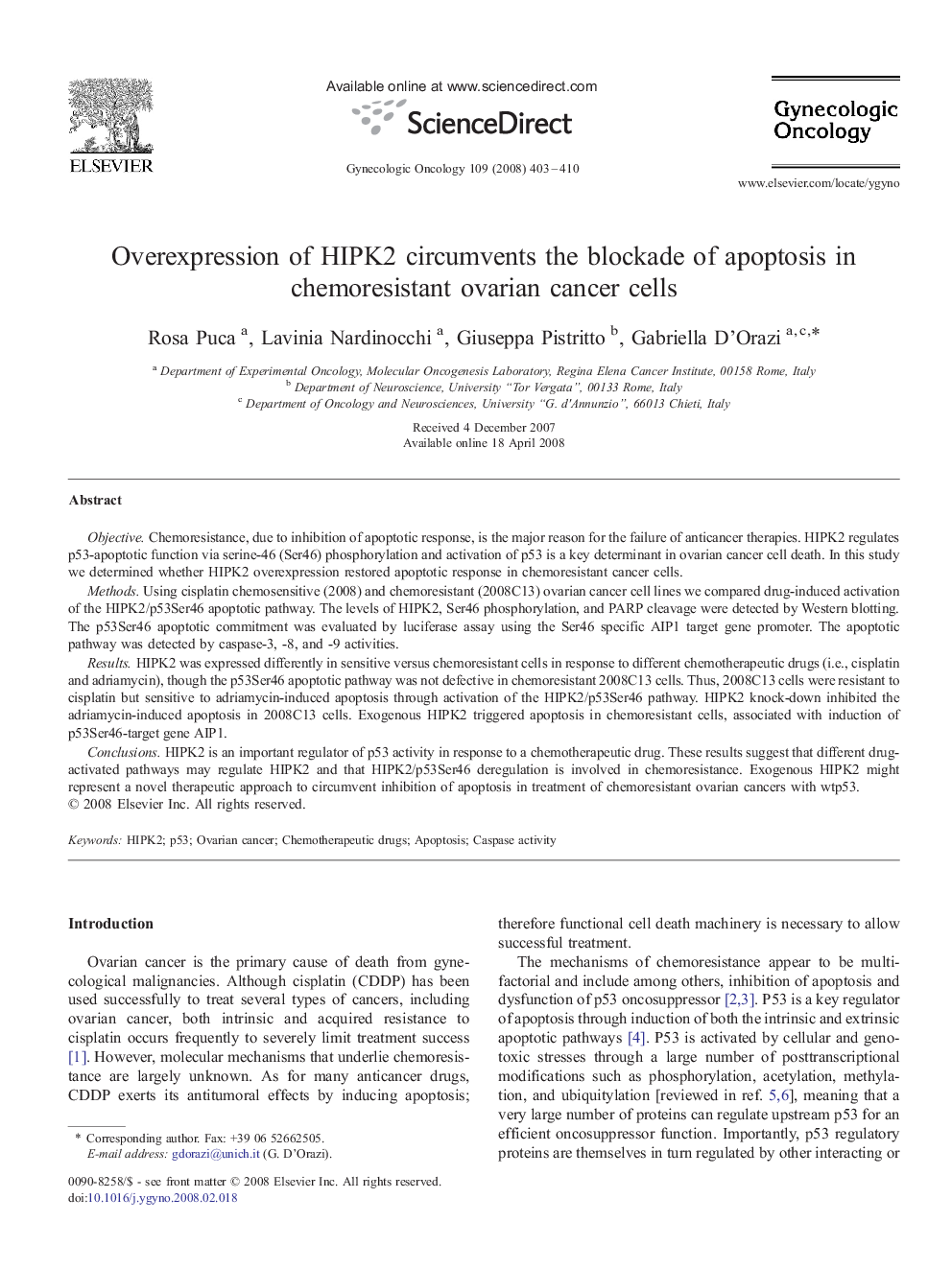 Overexpression of HIPK2 circumvents the blockade of apoptosis in chemoresistant ovarian cancer cells