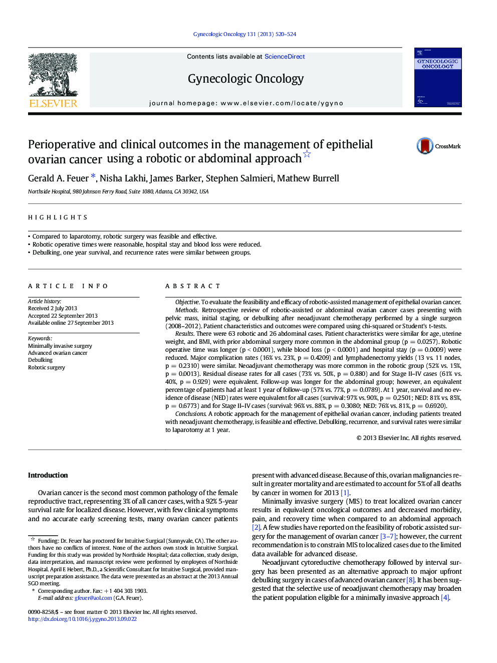 Perioperative and clinical outcomes in the management of epithelial ovarian cancer using a robotic or abdominal approach 