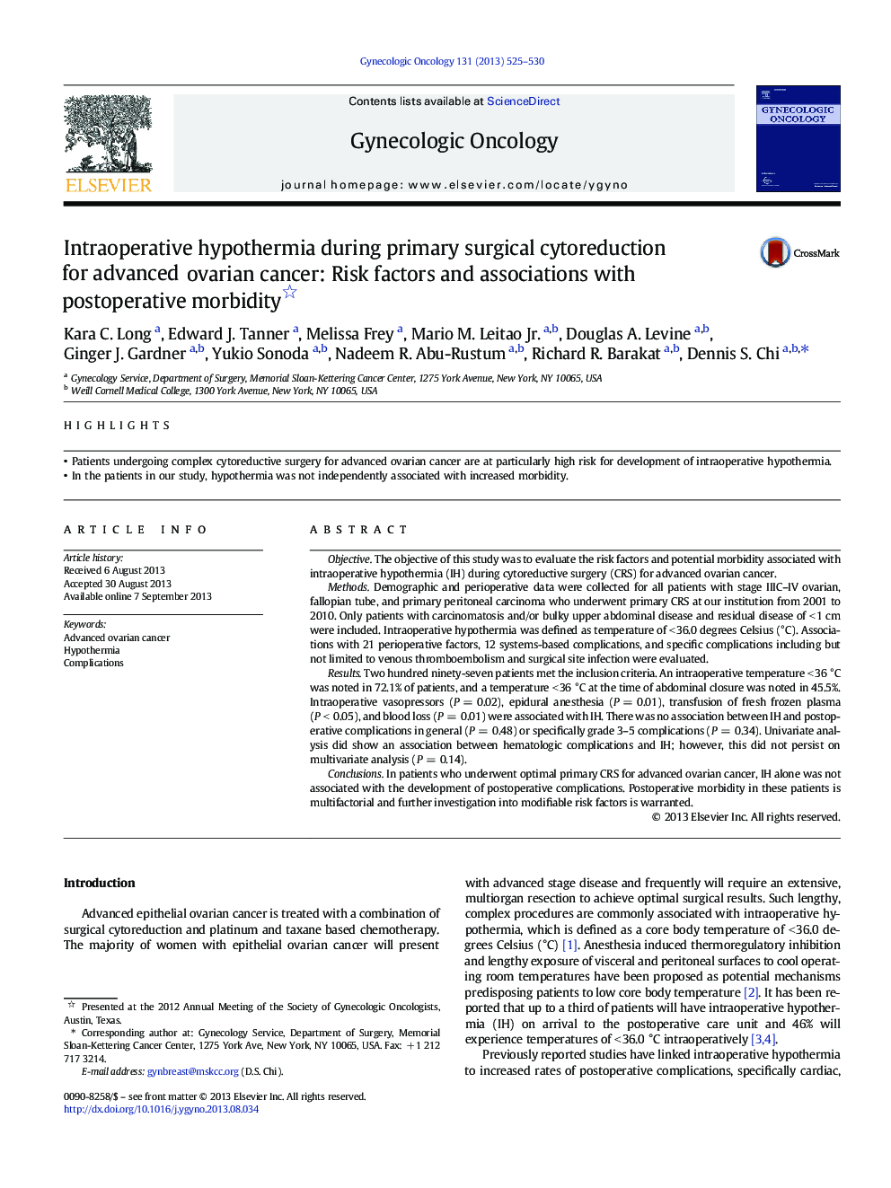 Intraoperative hypothermia during primary surgical cytoreduction for advanced ovarian cancer: Risk factors and associations with postoperative morbidity 