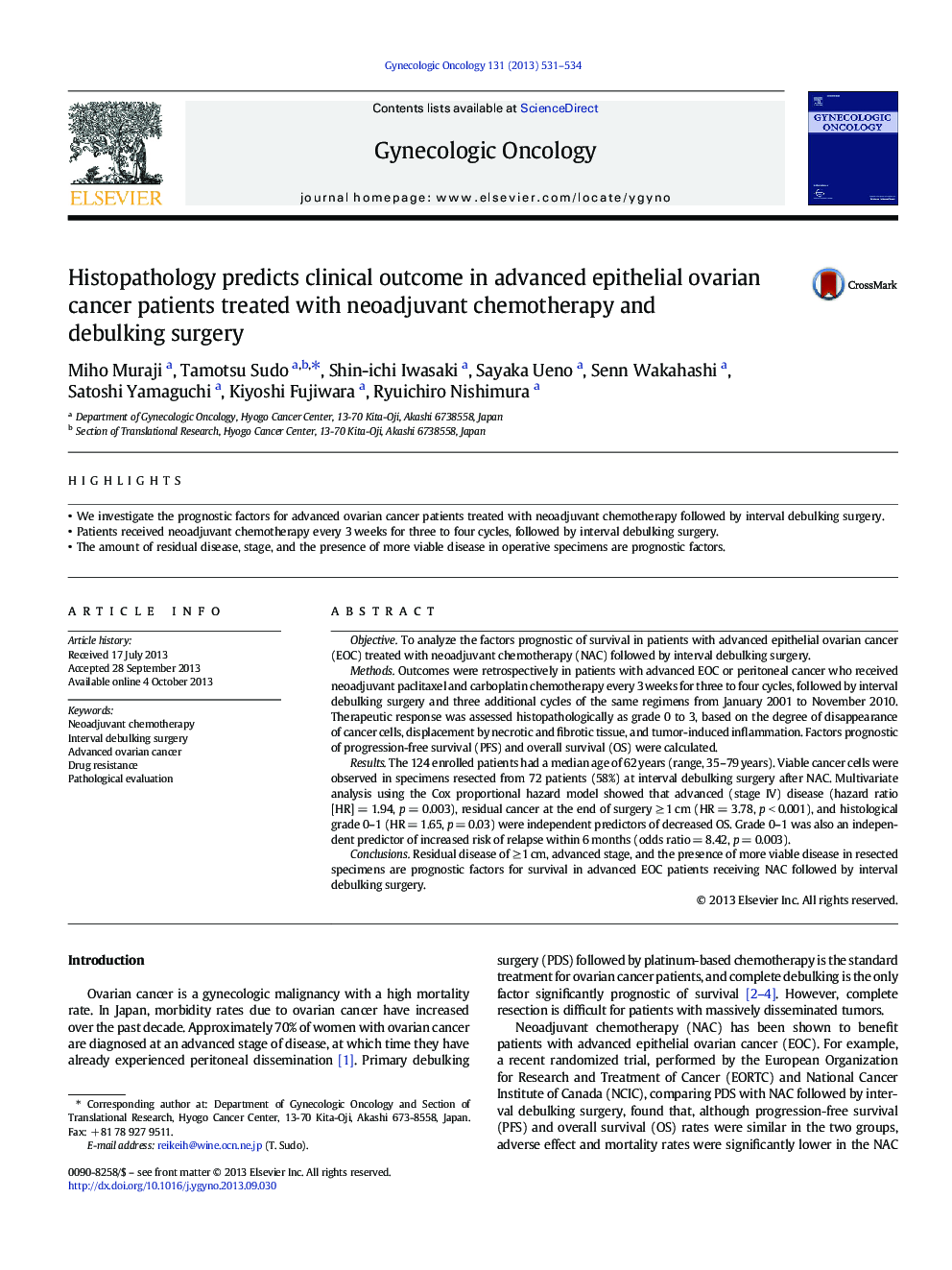 Histopathology predicts clinical outcome in advanced epithelial ovarian cancer patients treated with neoadjuvant chemotherapy and debulking surgery