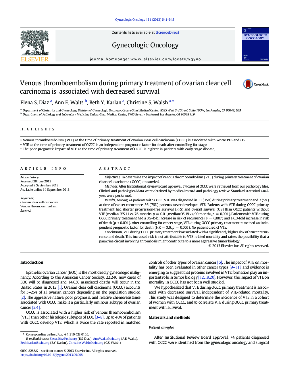 Venous thromboembolism during primary treatment of ovarian clear cell carcinoma is associated with decreased survival