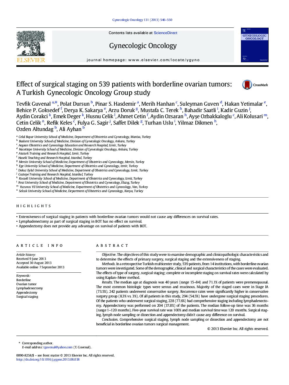 Effect of surgical staging on 539 patients with borderline ovarian tumors: A Turkish Gynecologic Oncology Group study