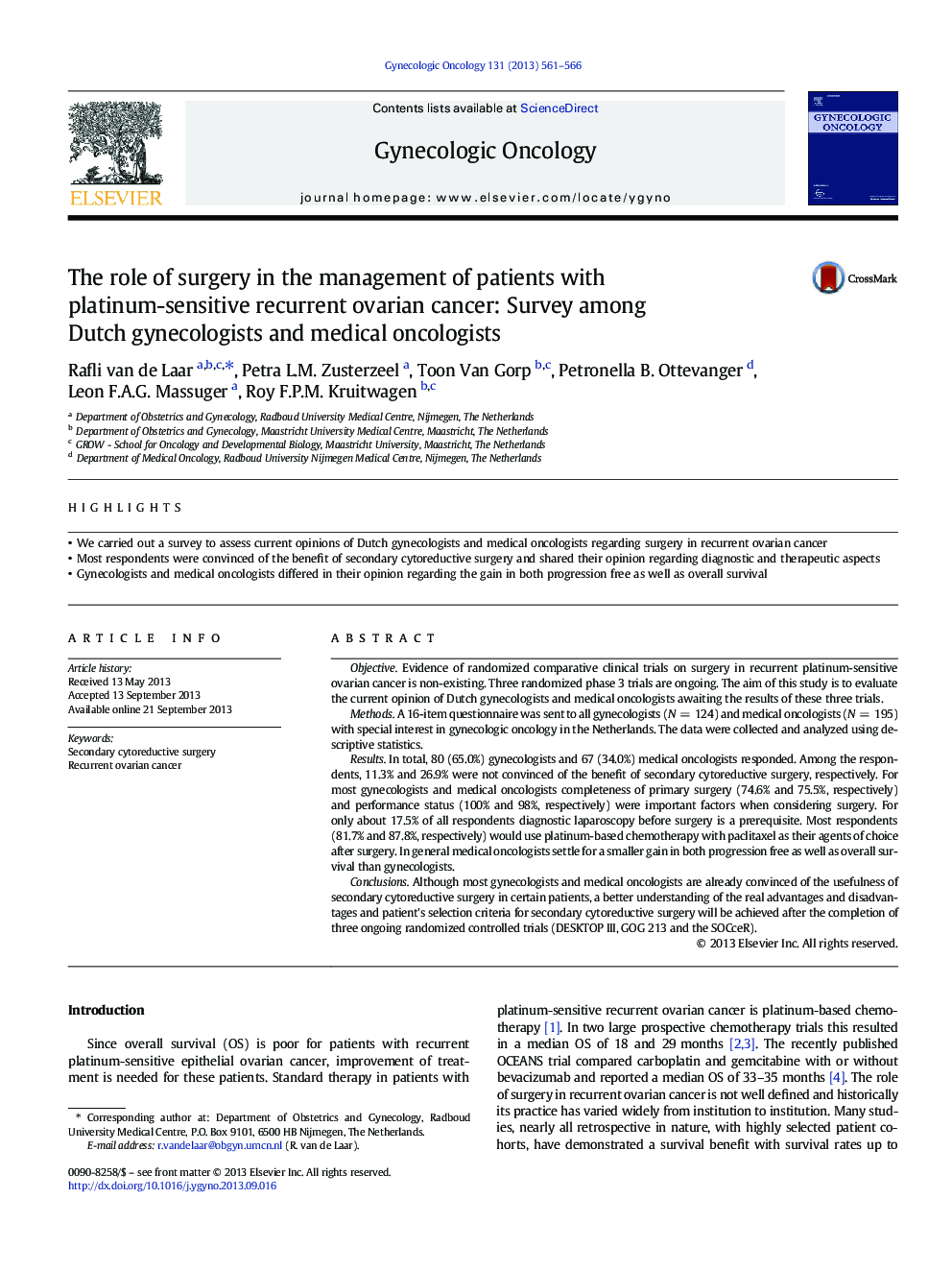 The role of surgery in the management of patients with platinum-sensitive recurrent ovarian cancer: Survey among Dutch gynecologists and medical oncologists