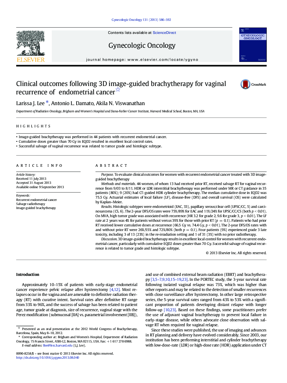 Clinical outcomes following 3D image-guided brachytherapy for vaginal recurrence of endometrial cancer 