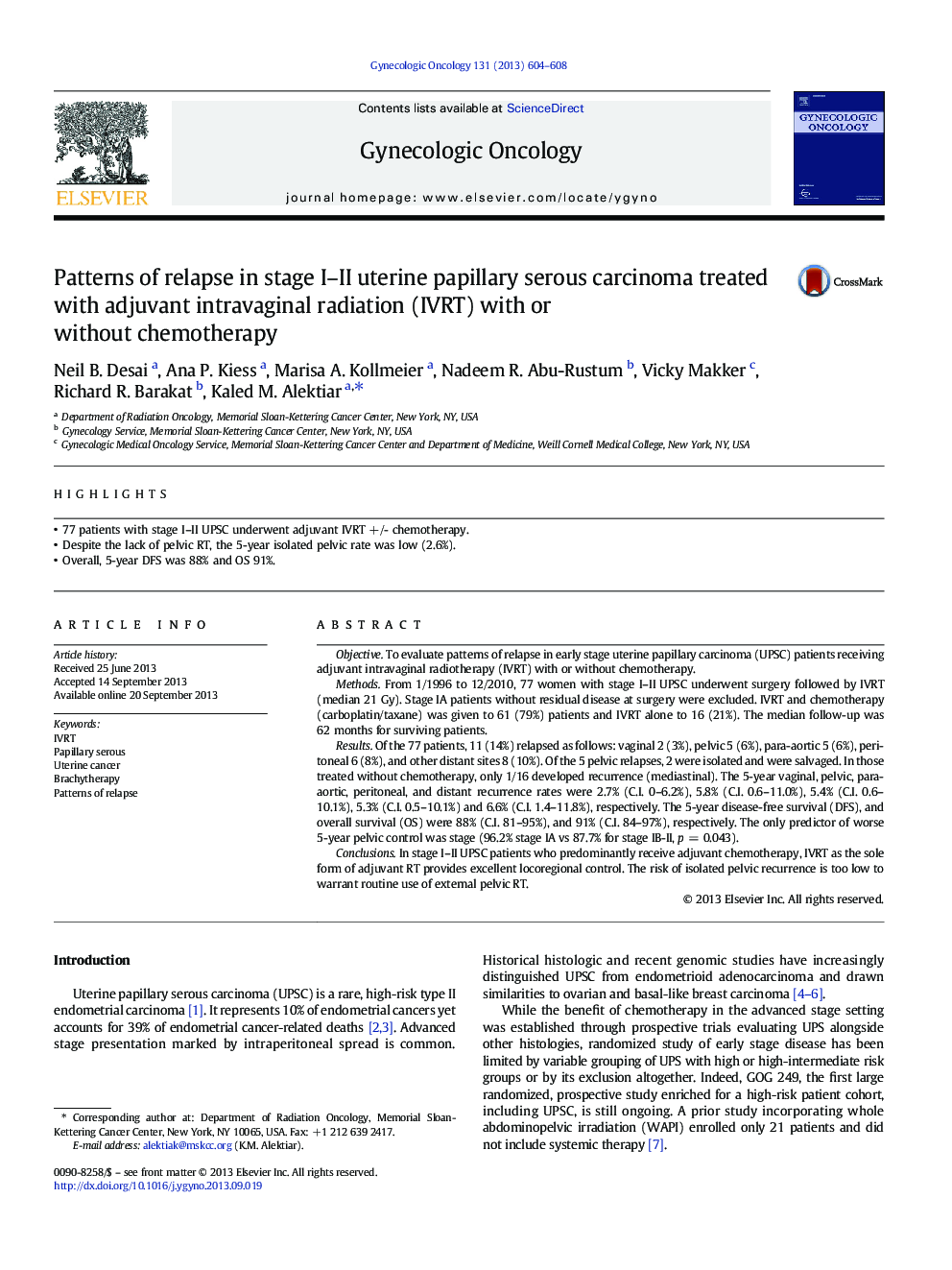 Patterns of relapse in stage I–II uterine papillary serous carcinoma treated with adjuvant intravaginal radiation (IVRT) with or without chemotherapy