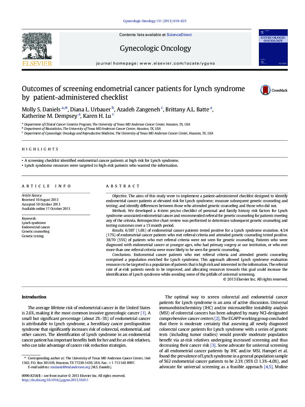 Outcomes of screening endometrial cancer patients for Lynch syndrome by patient-administered checklist