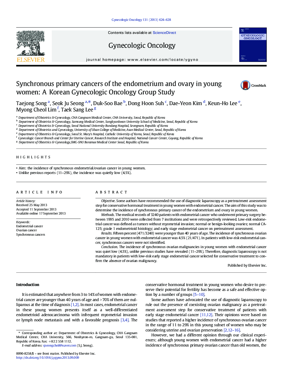 Synchronous primary cancers of the endometrium and ovary in young women: A Korean Gynecologic Oncology Group Study