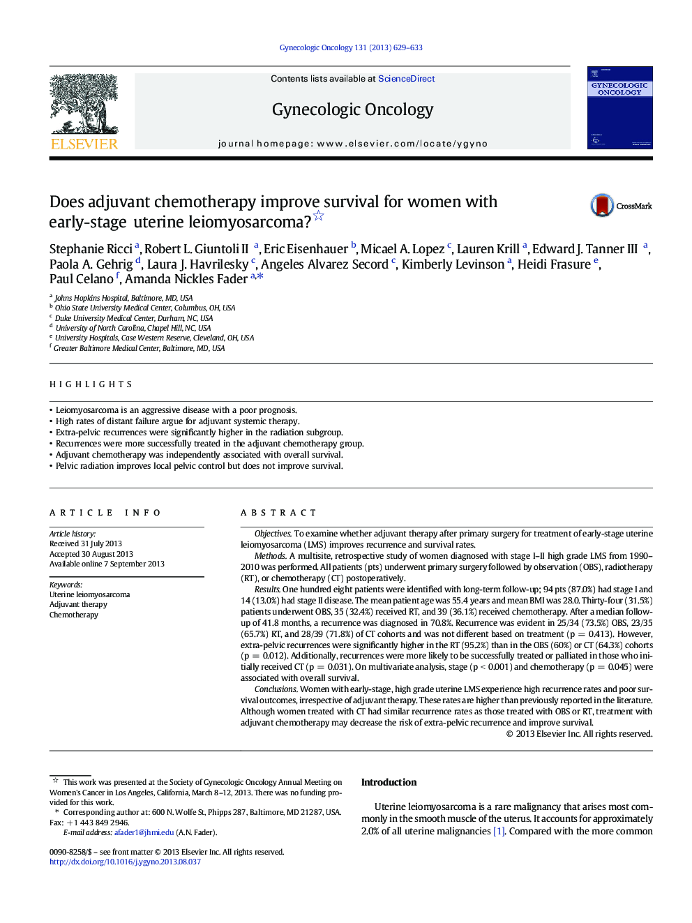 Does adjuvant chemotherapy improve survival for women with early-stage uterine leiomyosarcoma? 