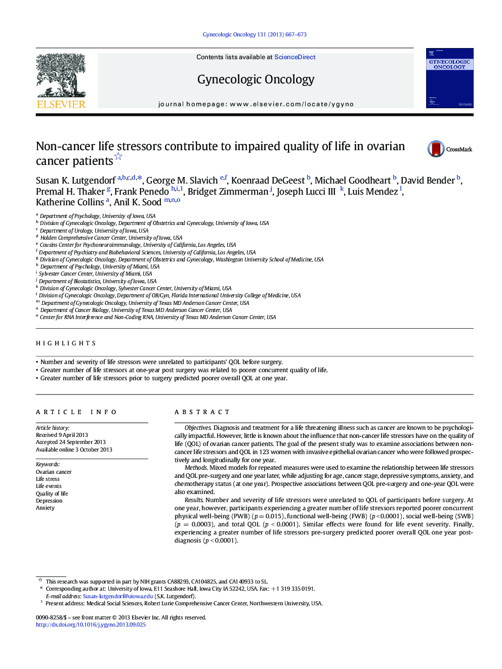 Non-cancer life stressors contribute to impaired quality of life in ovarian cancer patients 