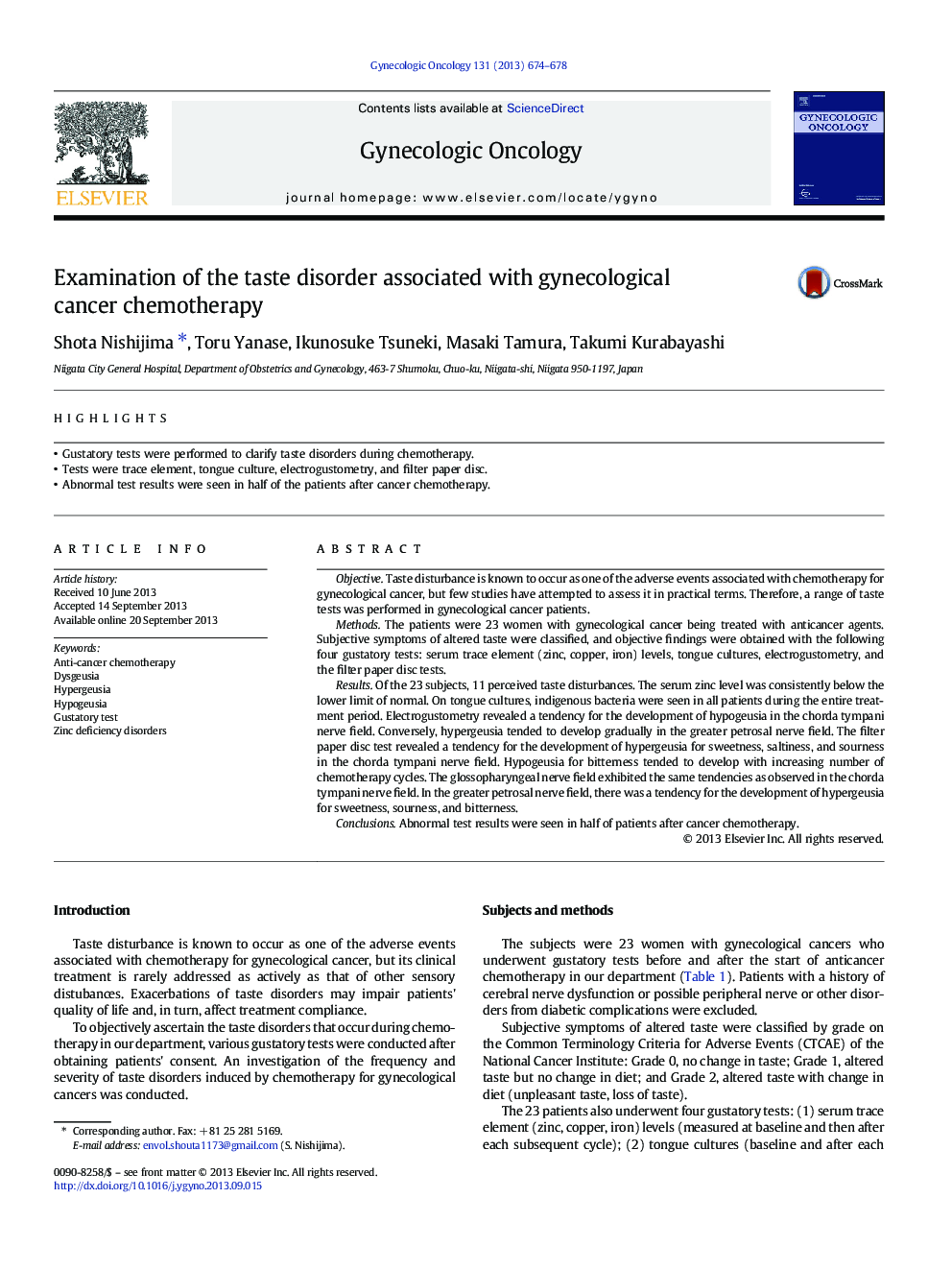 Examination of the taste disorder associated with gynecological cancer chemotherapy