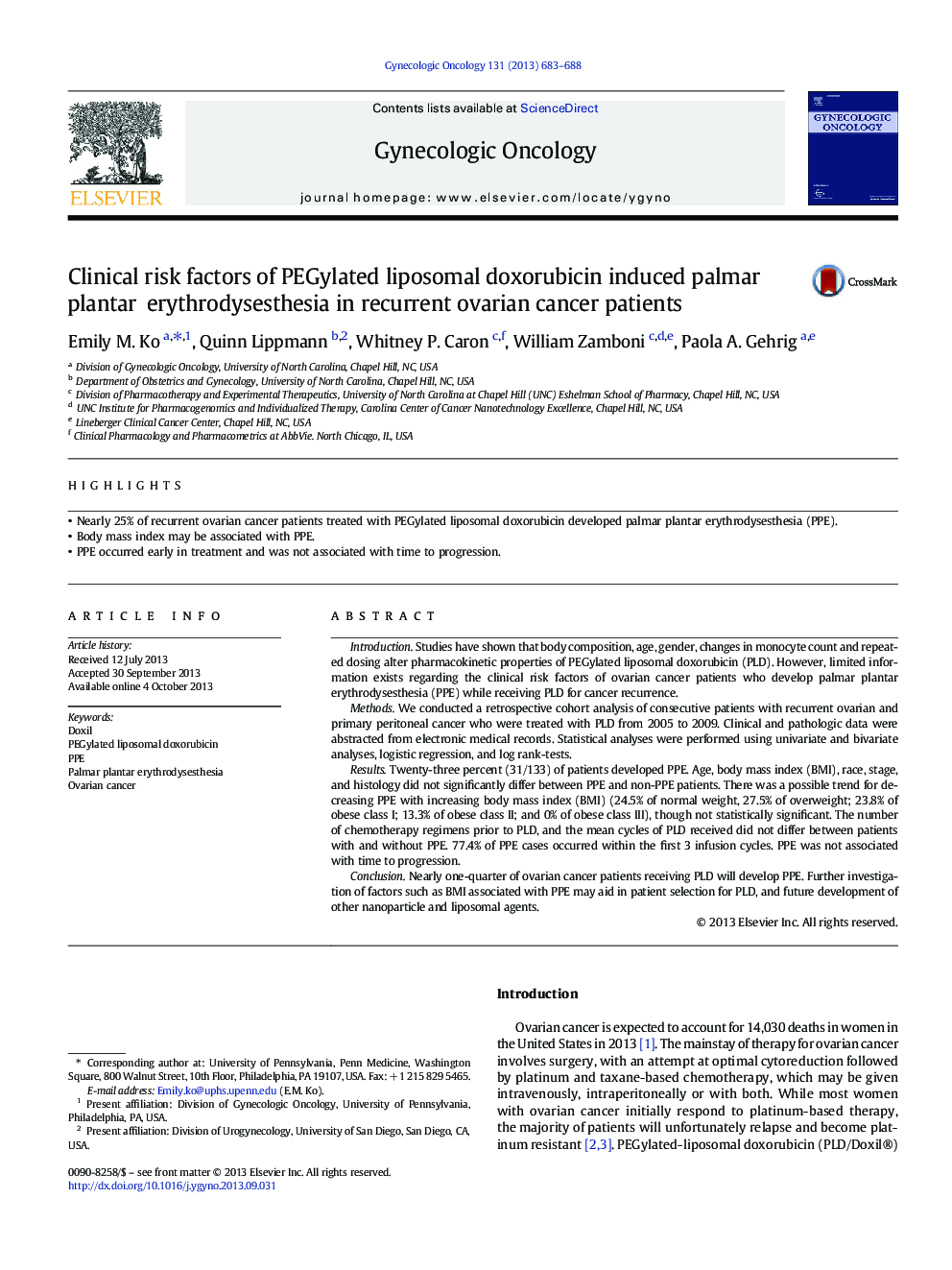 Clinical risk factors of PEGylated liposomal doxorubicin induced palmar plantar erythrodysesthesia in recurrent ovarian cancer patients