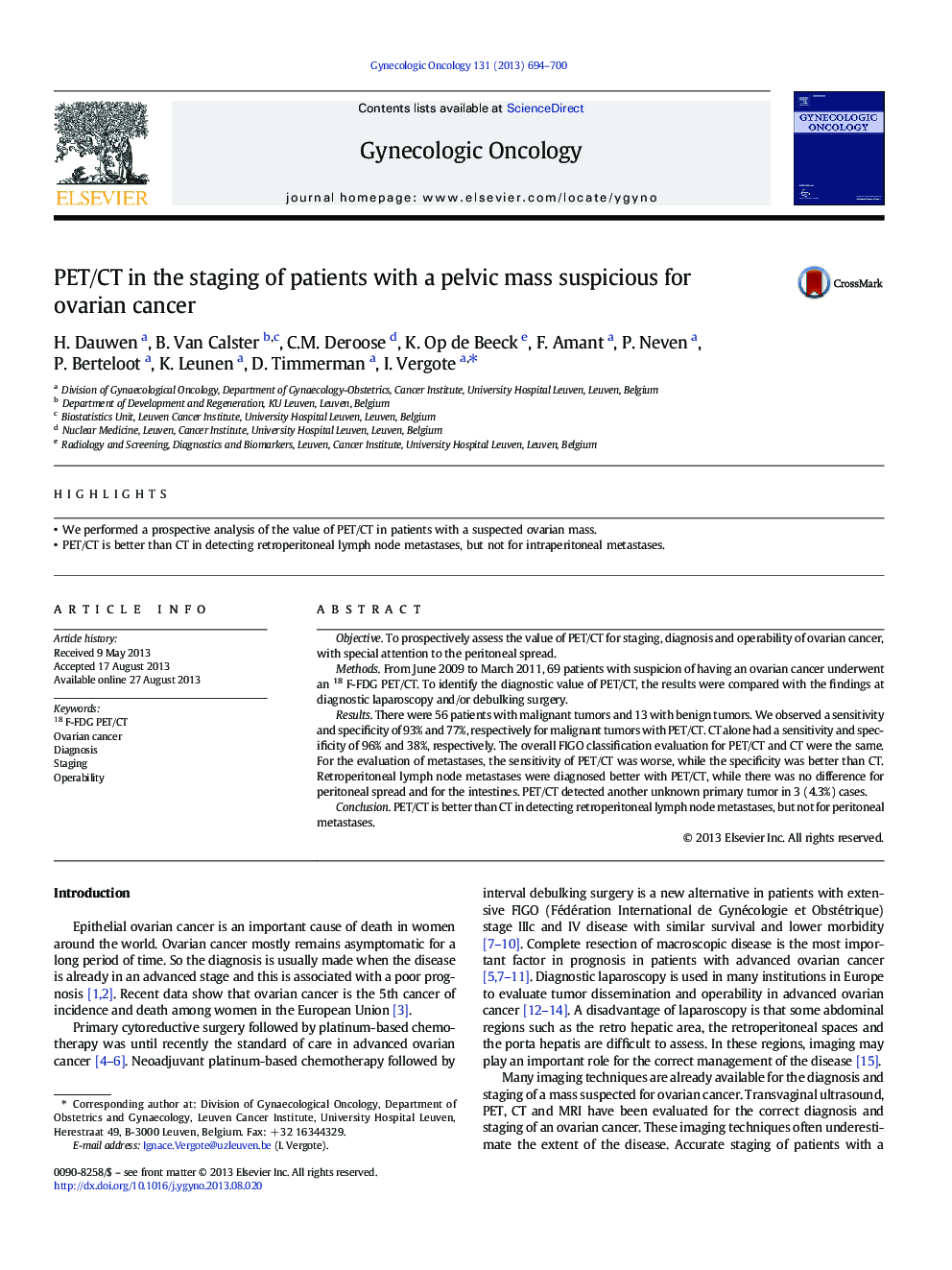 PET/CT in the staging of patients with a pelvic mass suspicious for ovarian cancer