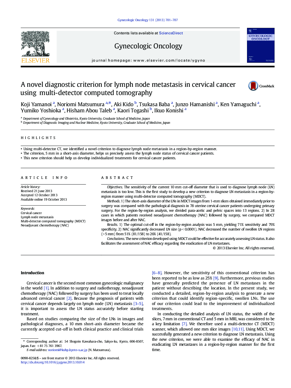 A novel diagnostic criterion for lymph node metastasis in cervical cancer using multi-detector computed tomography