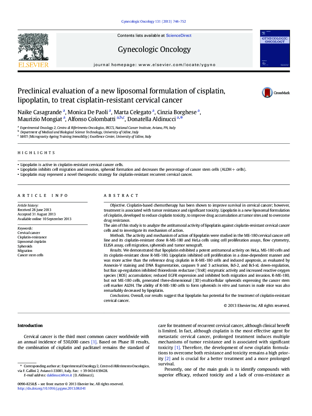 Preclinical evaluation of a new liposomal formulation of cisplatin, lipoplatin, to treat cisplatin-resistant cervical cancer