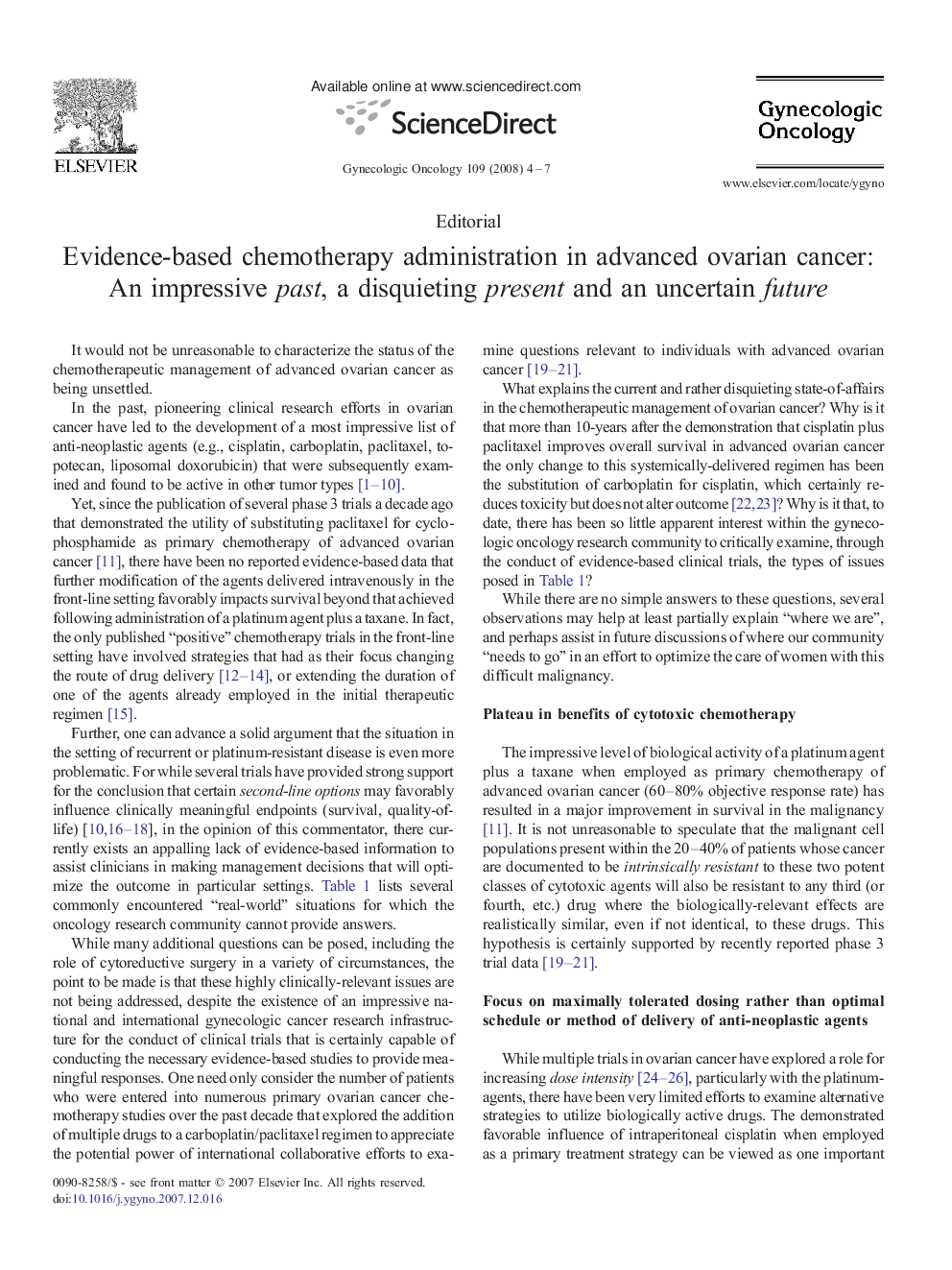 Evidence-based chemotherapy administration in advanced ovarian cancer: An impressive past, a disquieting present and an uncertain future