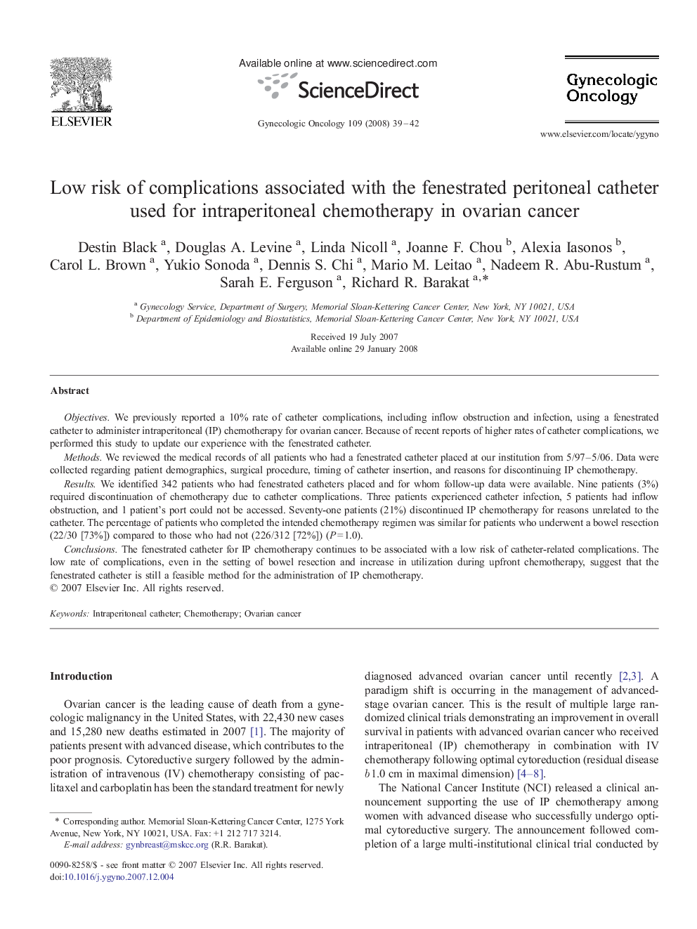 Low risk of complications associated with the fenestrated peritoneal catheter used for intraperitoneal chemotherapy in ovarian cancer